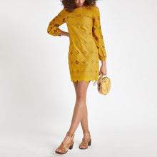 Dark yellow lace cut out swing dress